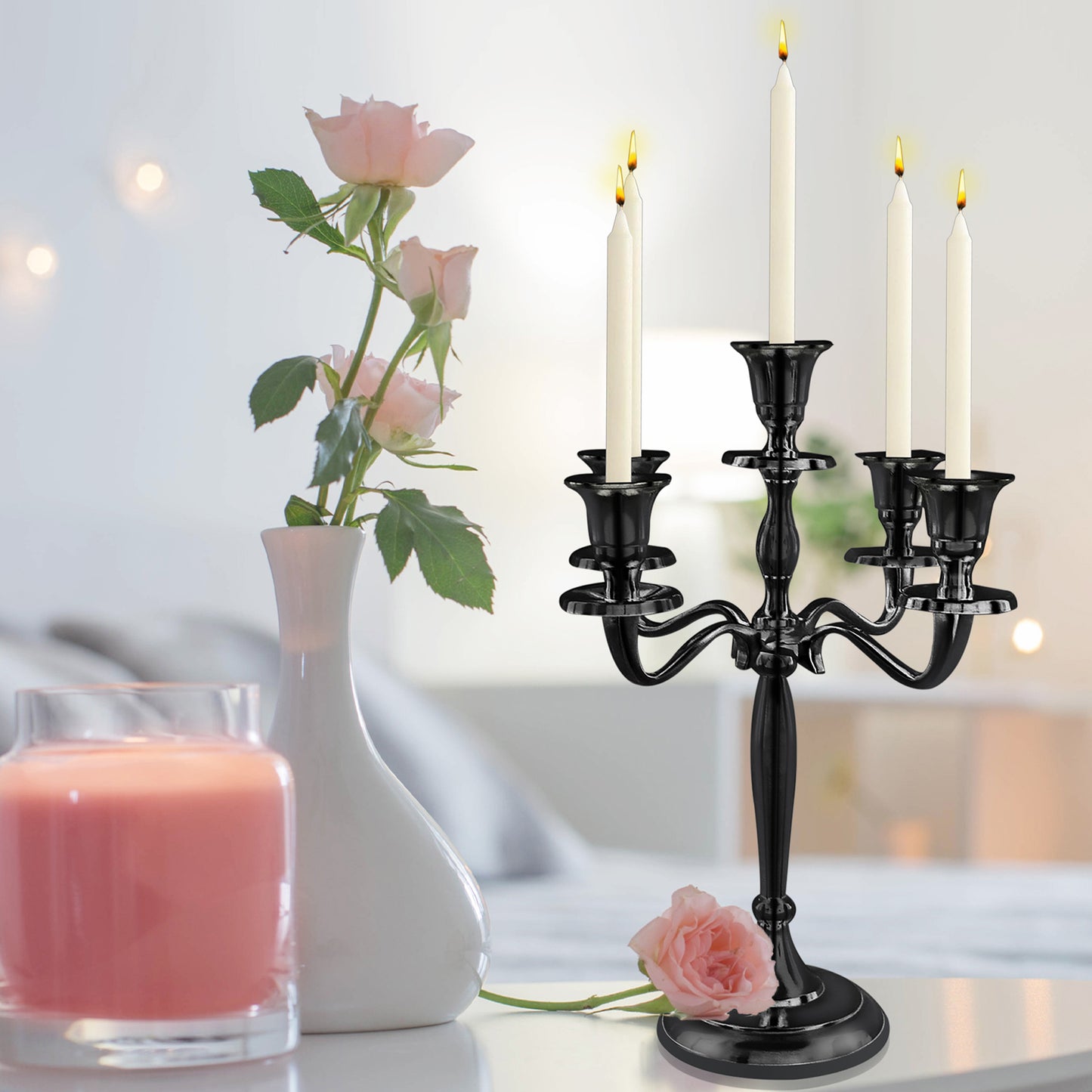 12" Inch Tall 5 Arm Candlestick Candelabra Candle Holder | Black Finish