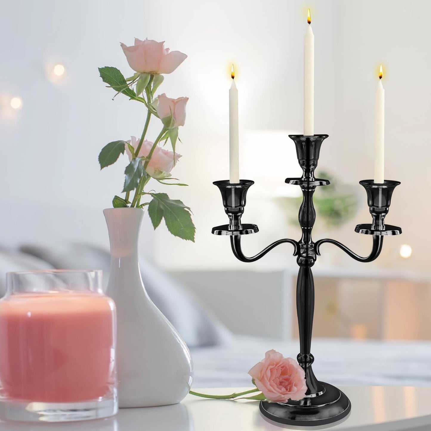 12" Inch Tall 3 Arm Candlestick Candelabra Candle Holder | Black Finish