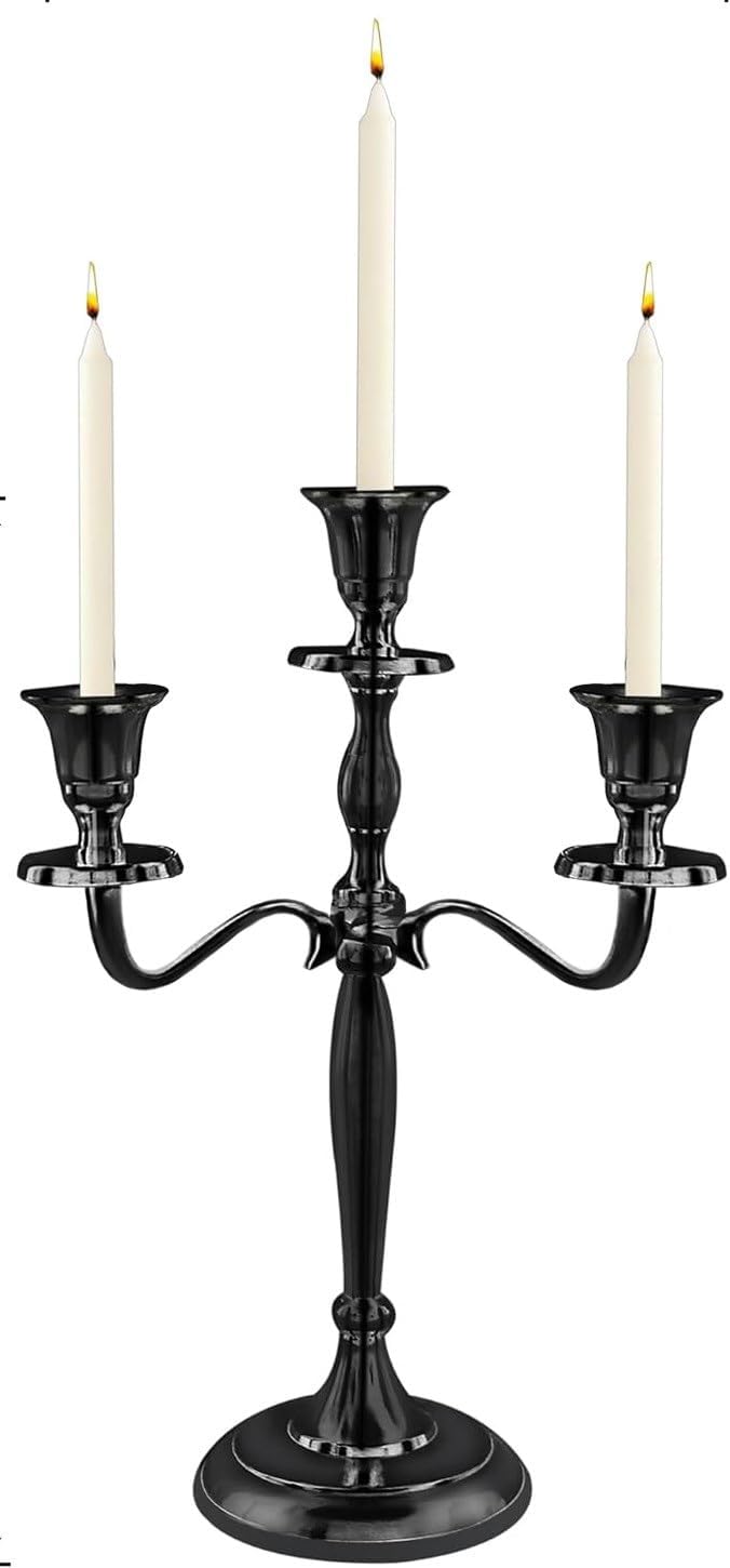 12" Inch Tall 3 Arm Candlestick Candelabra Candle Holder | Black Finish