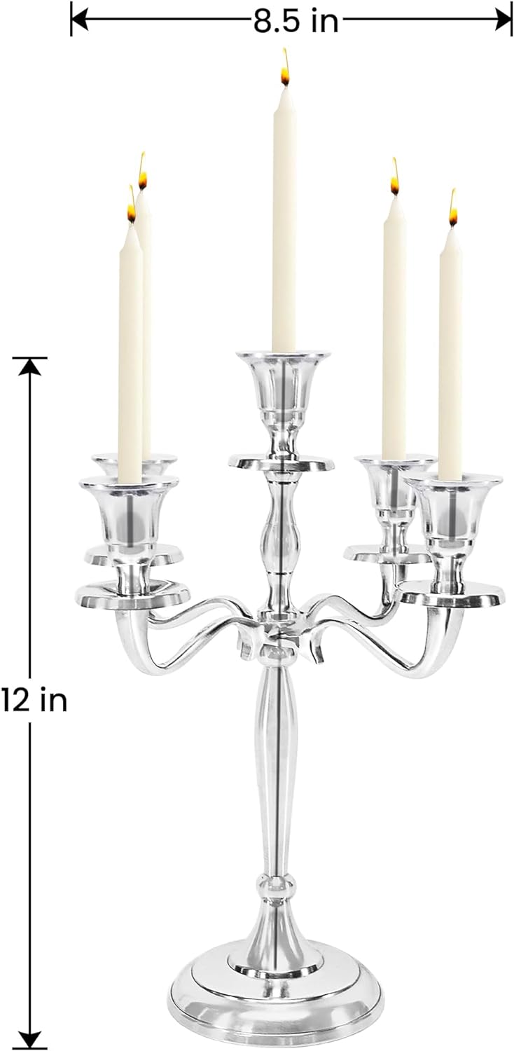 12" Inch Tall 5 Arm Candlestick Candelabra Candle Holder | Silver Finish