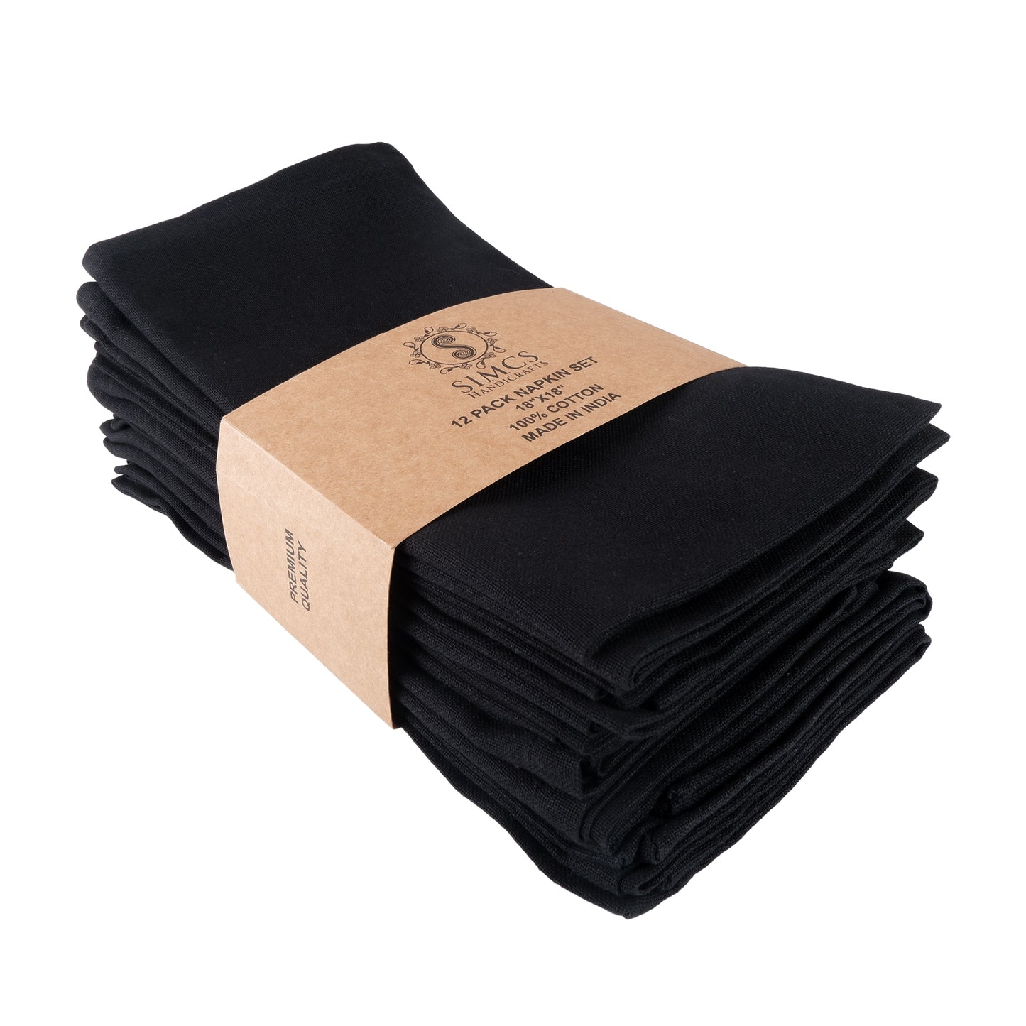 100% Pure Cotton Dinner Napkins Set of 12 - Solid Black 18 x 18 Inches Size