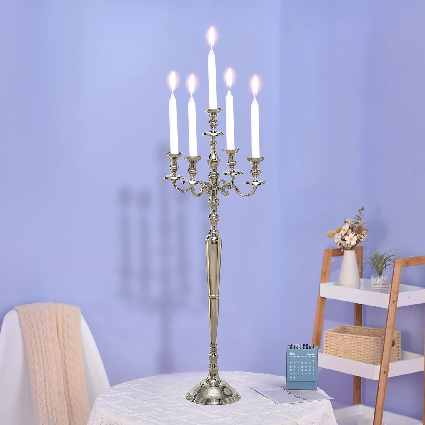 40 INCH OR 3 Foot Tall Floor 5 arm Candlestick Candelabra in Silver