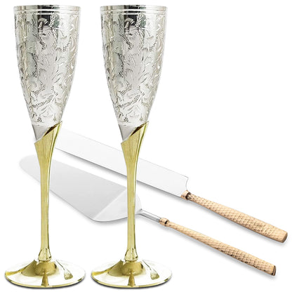 Pack of 4 Brass Champagne Flutes With Cake Knife Server Set