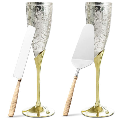 Pack of 4 Brass Champagne Flutes With Cake Knife Server Set