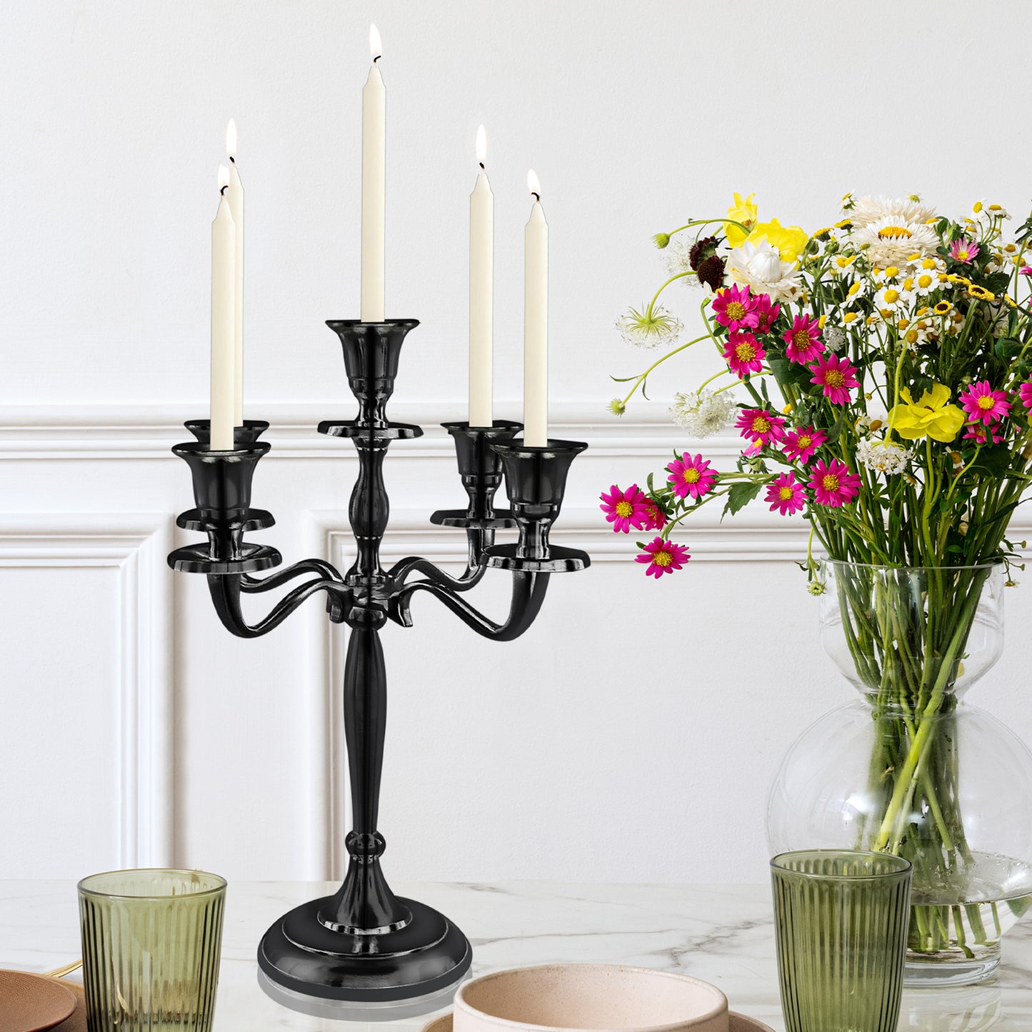 12" Inch Tall 5 Arm Candlestick Candelabra Candle Holder | Black Finish