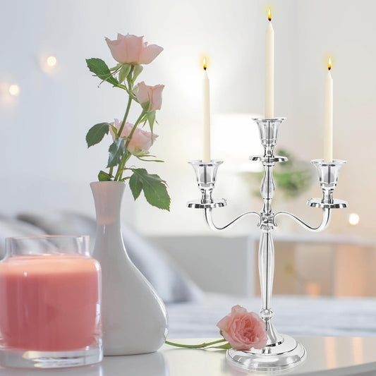 12" Inch Tall 3 Arm Candlestick Candelabra Candle Holder | Silver Finish