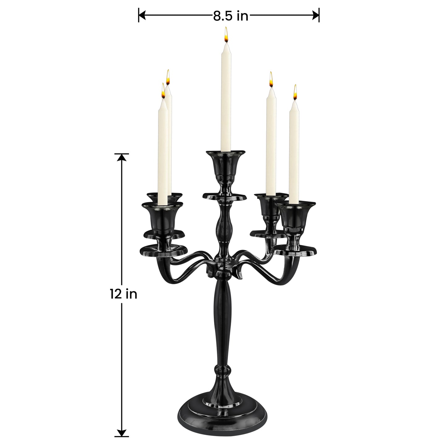 12" Inch Tall 5 Arm Candlestick Candelabra Candle Holder | Black Finish