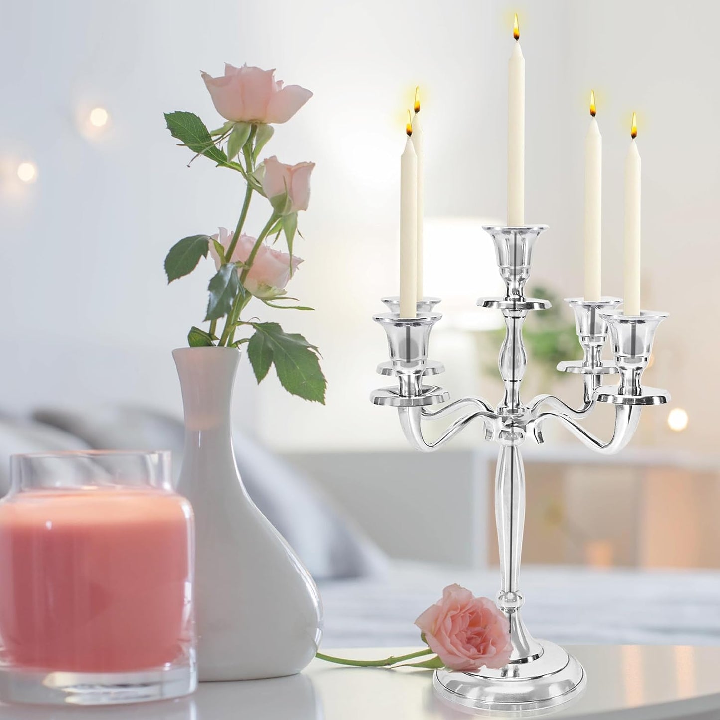 12" Inch Tall 5 Arm Candlestick Candelabra Candle Holder | Silver Finish