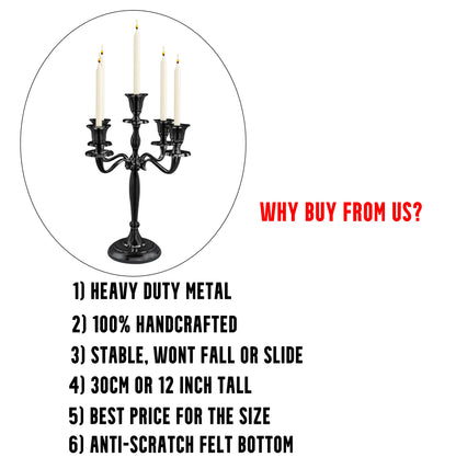 12" Inch Tall Black 5 Arm Candlestick Candelabra Candle Holder