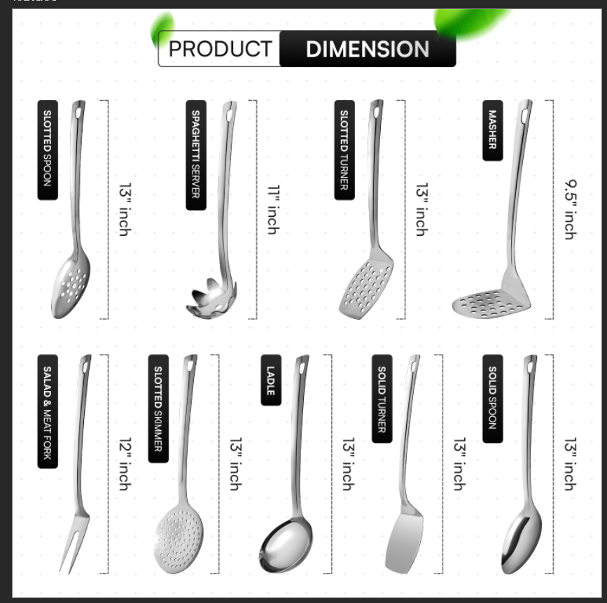 9 Pcs Stainless Steel Kitchen Cooking Utensils Set | Tools Gadgets 13" Inch large Sizes