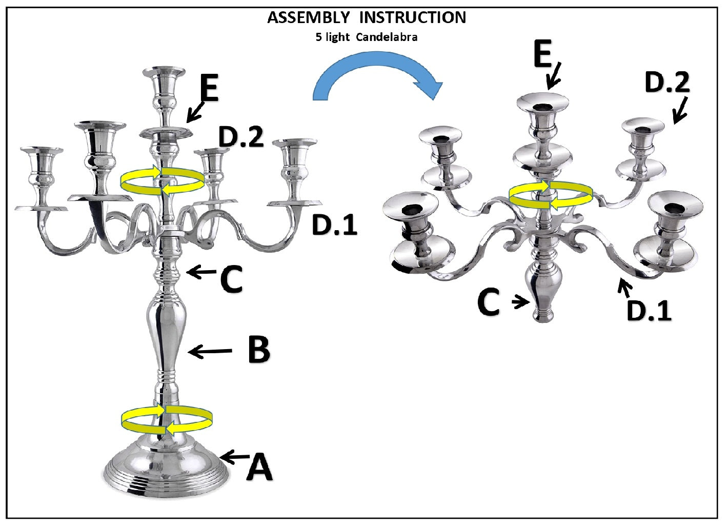 40 INCH OR 3 Foot Tall Floor 5 arm Candlestick Candelabra in Silver
