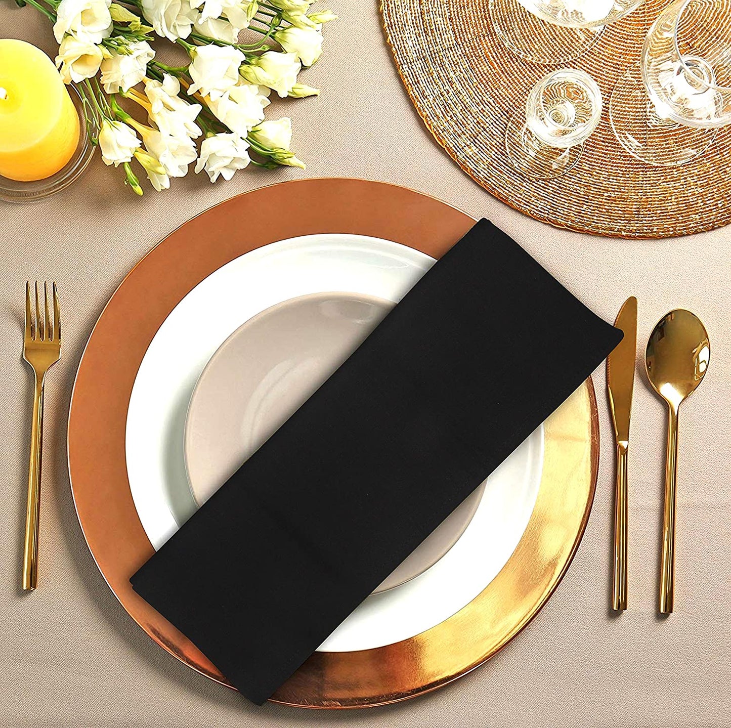 100% Pure Cotton Dinner Napkins Set of 12 - Solid Black 18 x 18 Inches Size