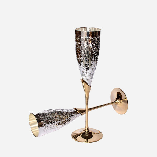 Set of 4, 6 oz Christmas Metallic Plated Stemmed Champagne Flutes