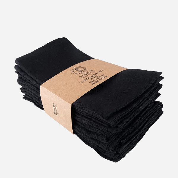 100% Pure Cotton Dinner Napkins Set of 12 - Solid Black 18 x 18 Inches Size